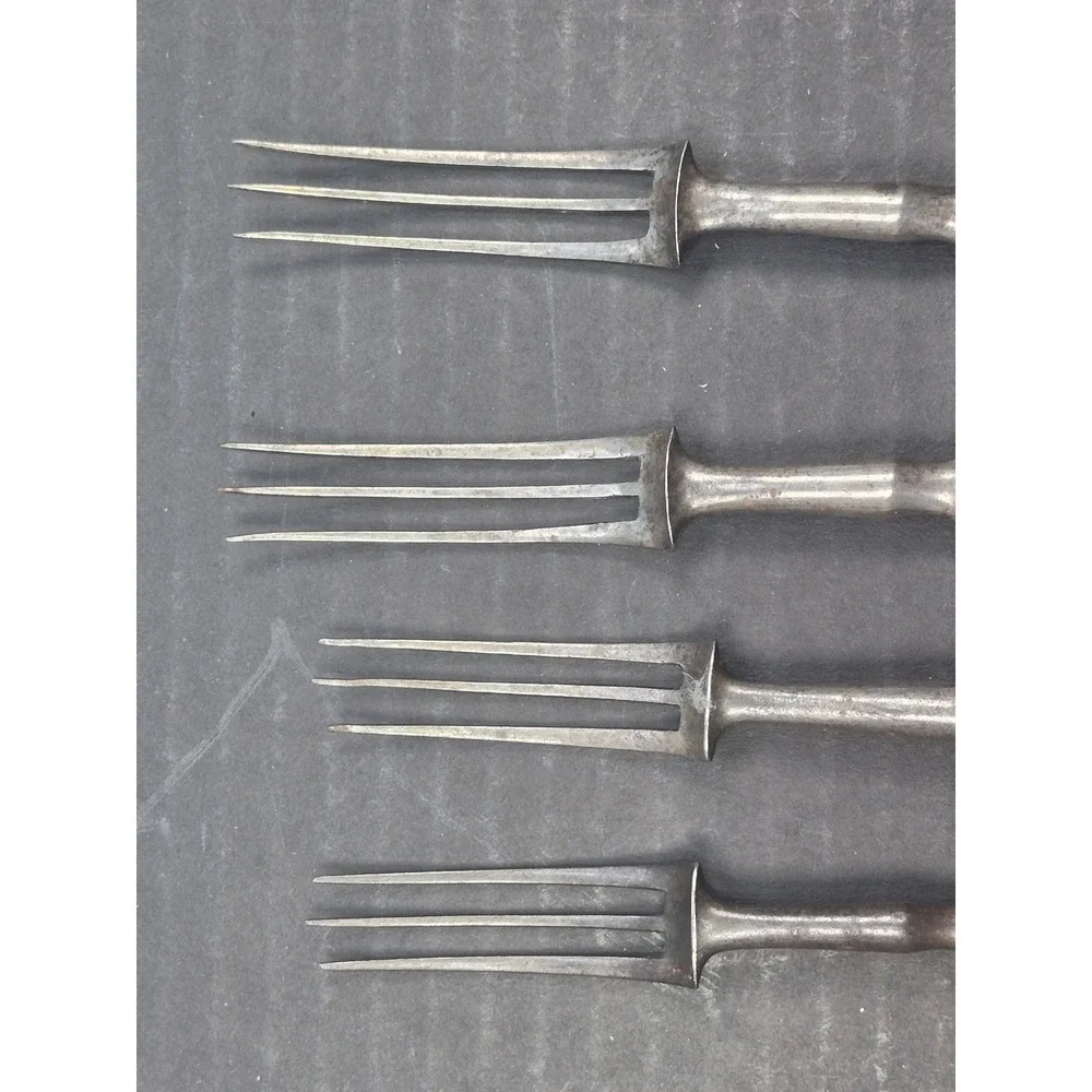 Antique 3 Tine Steel Forks Set of 4 Primitive Wood Bone Handle Rustic Flatware